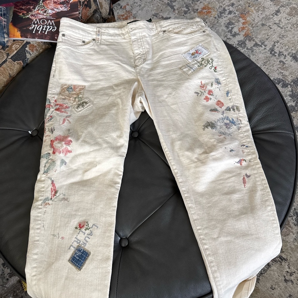 Ralph Lauren Cream Floral Embroidered Boot Cut Jeans - Picture 2 of 2